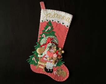 Vintage 1970’s FINISHED BUCILLA Felt Stocking with Little Girl in Bonnet, Teddy Bear and Cat.