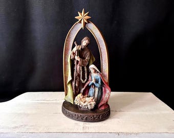 14” Wood Single-Piece Nativity Scene Painted and Embellished
