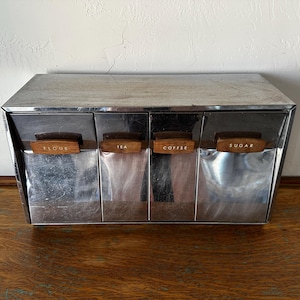 Halverwege de eeuw LINCOLN BEAUTY WARE verchroomde busdoos koffie thee suikerbloem - houten handvat