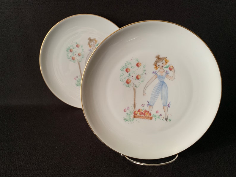 H & C Bavaria Germany Porcelain Small Plates Beautiful International Young Women Gathering Fruit image 5