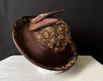 Whittall & Shon Black Wide-Brim Hat with Gold Leopard Crown Vtg Whittall & Shon Black Wide-brim Hat With Gold Sequin  main image 3