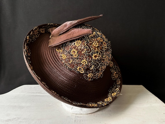 Whittall & Shon Fashion Hat Whittall & Shon Black Wool Hat: Gold Lace, Pearl Victorian  main image 4