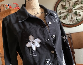 SUSAN BRISTOL Size Large Embroidered Denim Black Jacket