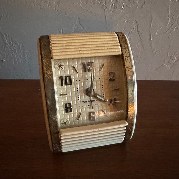 Vintage WESTCLOX Roll-Top, Wind-Up Travel Alarm Clock, Cream with Gold Trim, Works