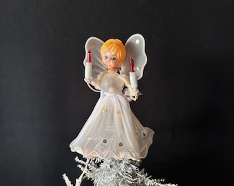 Vintage 10-Light Angel Christmas Tree Topper with Blonde Hair – Works!