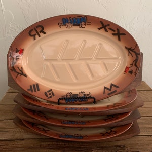 Rare NASCP Western Enamel Ware Chuckwagon Steak Plate With Wooden Plate Carriers