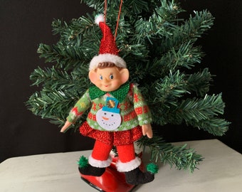 Vintage Rubber-Face 9" Pixie Elf Ornament Blue Eyes with Stocking Hat.