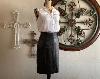 ANDREW MARC Black Genuine Leather Pencil Skirt Knee Length