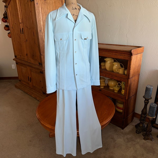 BABY BLUE, Original, Authentic, Far Out, Men’s LEE Brand 1970's Leisure Suit 100% Polyester with Faux Pearl Snap Front Jacket