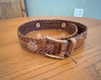 Vintage Braided Leather Patchwork Boho Belt | Woven Cotton Detail | 41” Woven Belt - Brown/White – BODE main image 2