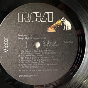 May include: Black and white vinyl record with a black label. The label has the RCA logo, the title "Voices" by Daryl Hall & John Oates, and the track list for side B of the record. The record is in a black sleeve.