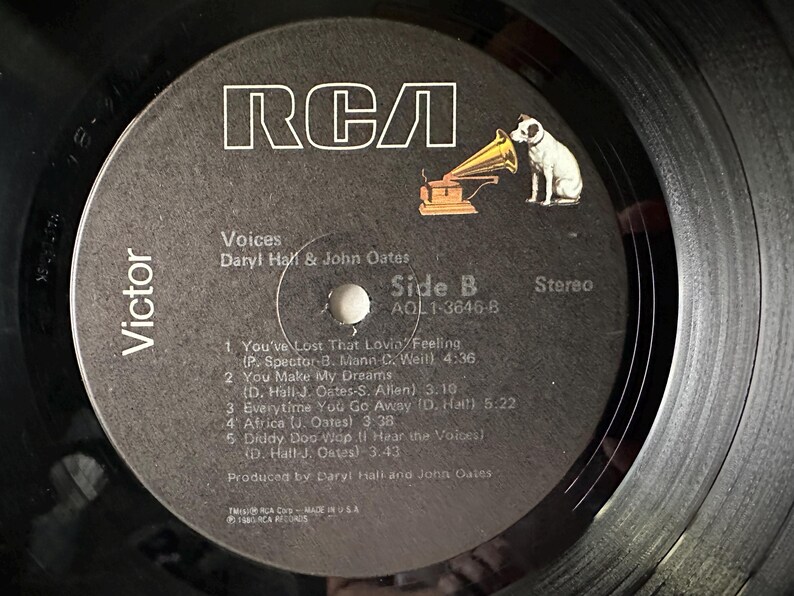 May include: Black and white vinyl record with a black label. The label has the RCA logo, the title "Voices" by Daryl Hall & John Oates, and the track list for side B of the record. The record is in a black sleeve.