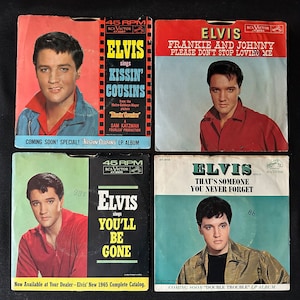 May include: Four vintage 45 RPM vinyl records featuring Elvis Presley. The records are in red, blue, and green sleeves with Elvis's image on the front. The titles of the songs are "Kissin' Cousins", "Frankie and Johnny Please Don't Stop Loving Me", "You'll Be Gone", and "That's Someone You Never Forget".