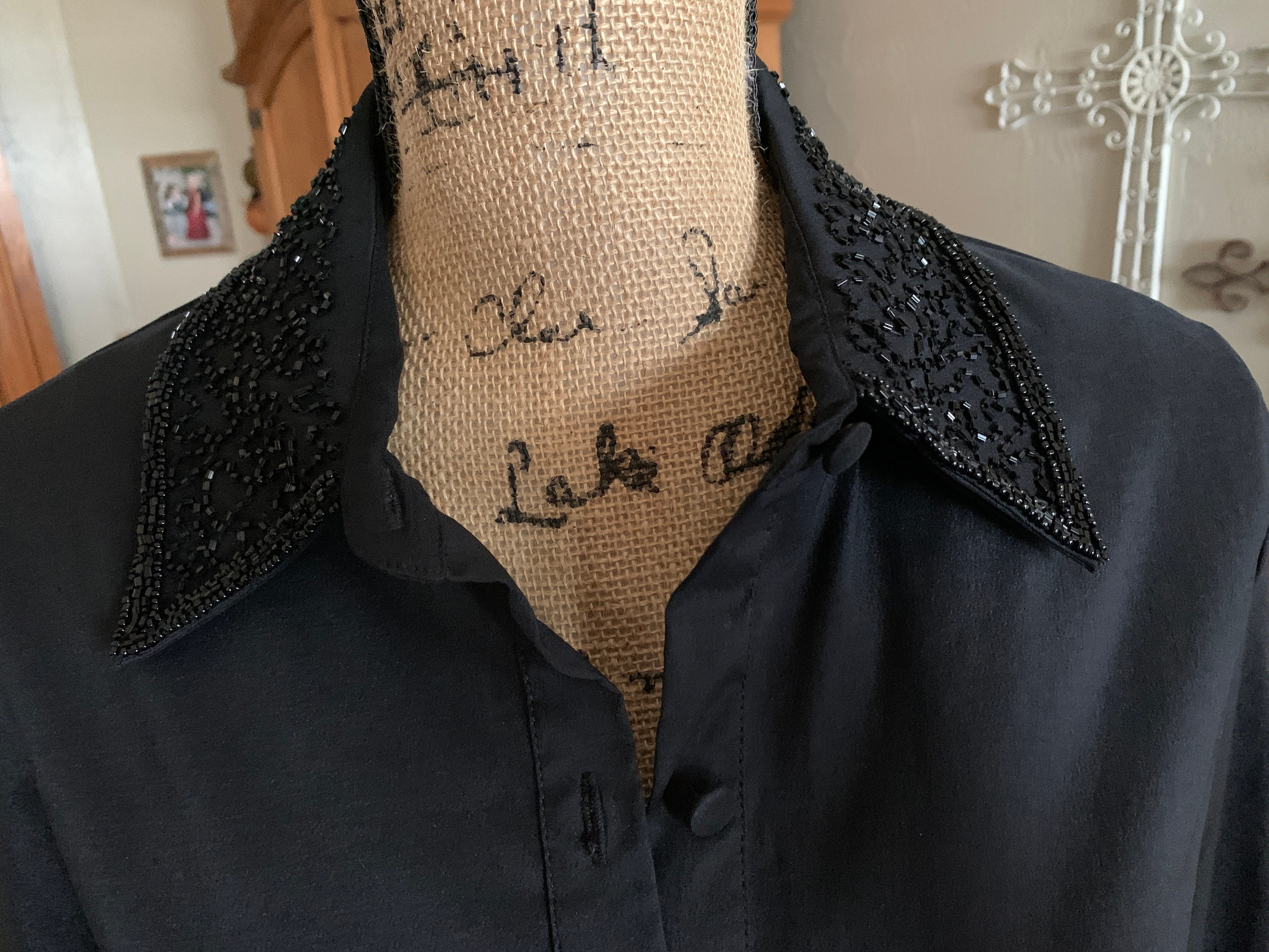 Chemisier Noir Laurence Kazar Soie Et Perles Taille L - Manches Longues, Fermeture éclair Latérale