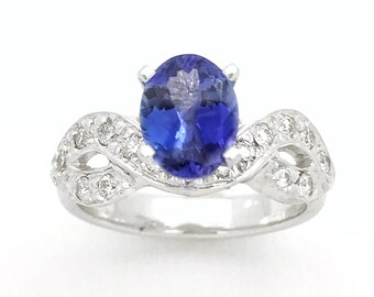 Tanzanite Engagement Ring, Oval Cut, White Gold, Conflict free Diamonds, Unique, Natural Tanzanite, fine jewelry, anniversary, high profile