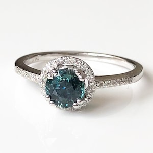 Blue Green Sapphire Engagement Ring, Mermaid Ring, White Gold, Round Cut, Conflict Free,  diamond halo, Teal Sapphire, Ethical Gemstones