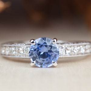 Natural Ceylon Sapphire Engagement Ring, 14k White Gold, Diamonds, Cornflower