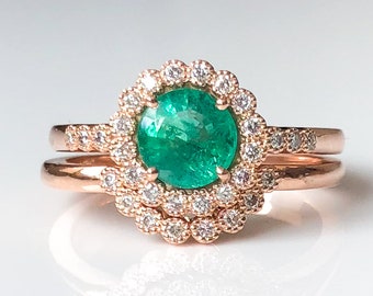 Emerald Engagement Ring Set, 14k Rose Gold Vintage, Unique, Round, halo, may birthstone, promise ring