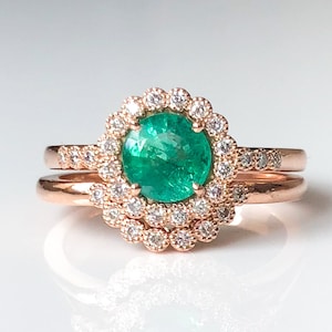 Emerald Wedding Ring Set 14k Rose Gold Bridal Set Natural Etsy