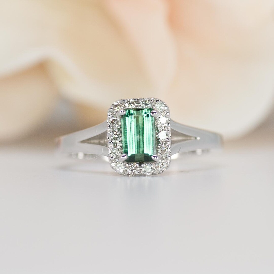 Emerald Cut Engagement Ring Emerald Halo Ring Green - Etsy