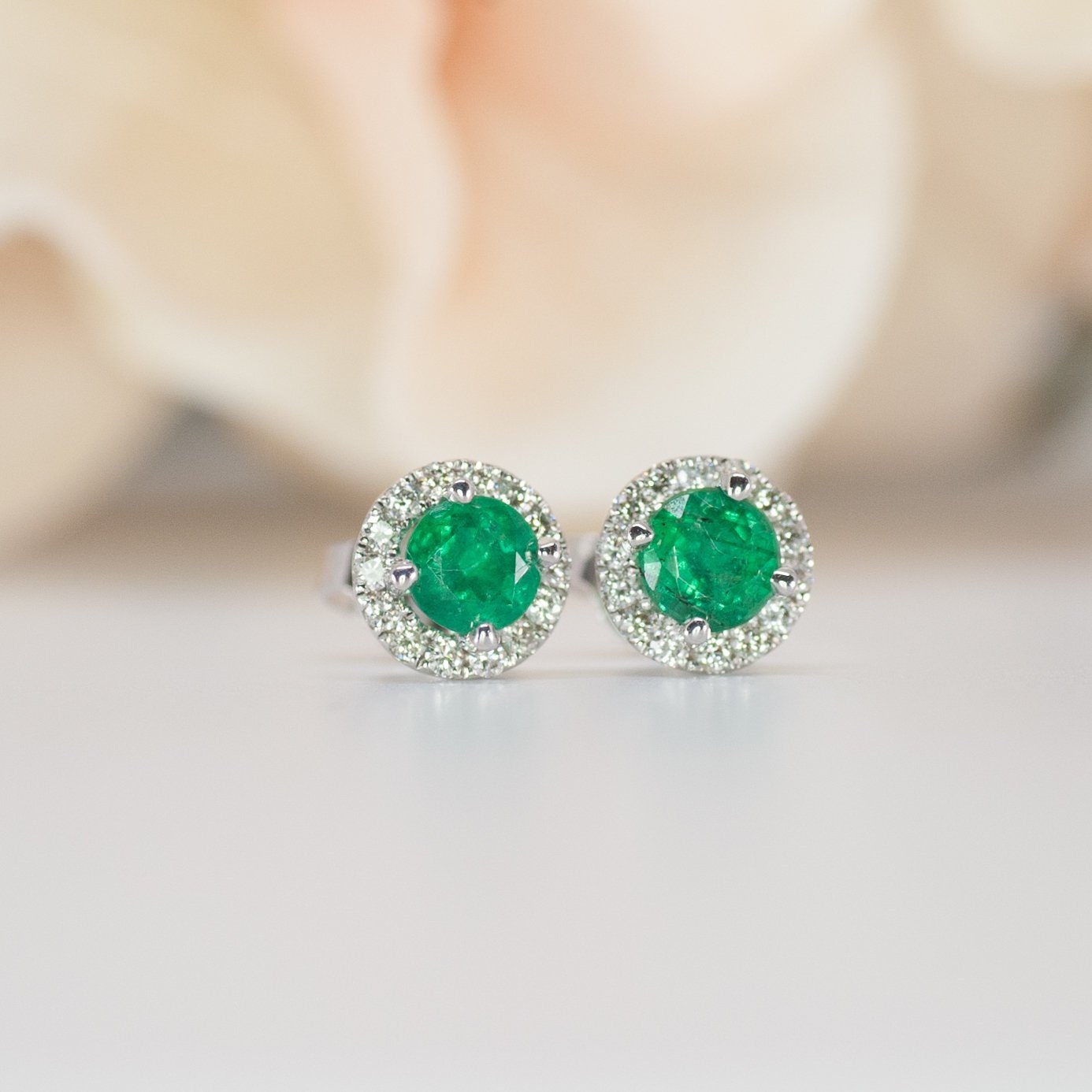 Colombian Emerald Diamond Halo Stud Earrings, White Gold, Push Back