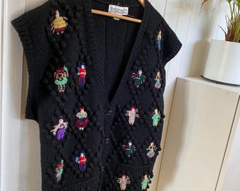 Vintage Norma Kamali 1980s Doll Appliqués Black Wool Knitted Sweater Vest Size M Rare