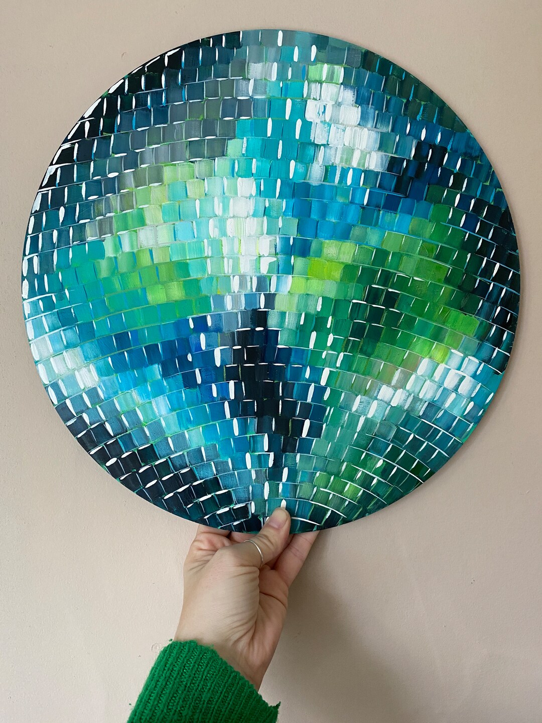 Original shiny Disco Ball. Green & Blue. Design 1. Hand Painted Disco