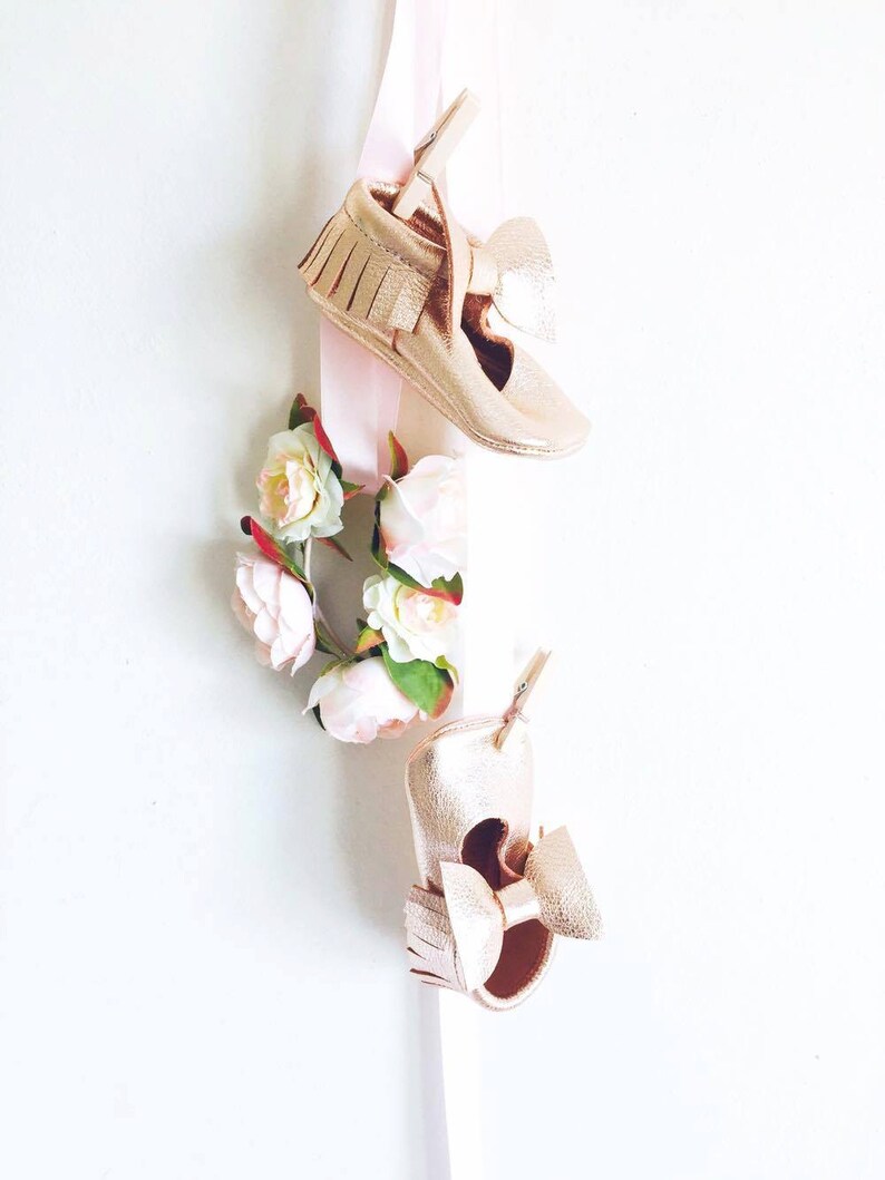 GOLD ROSE Mary Janes newborn moccs moccasins mary jane bow moccs