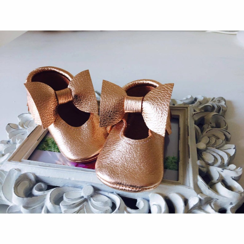 GOLD ROSE Mary Janes newborn moccs moccasins mary jane bow moccs