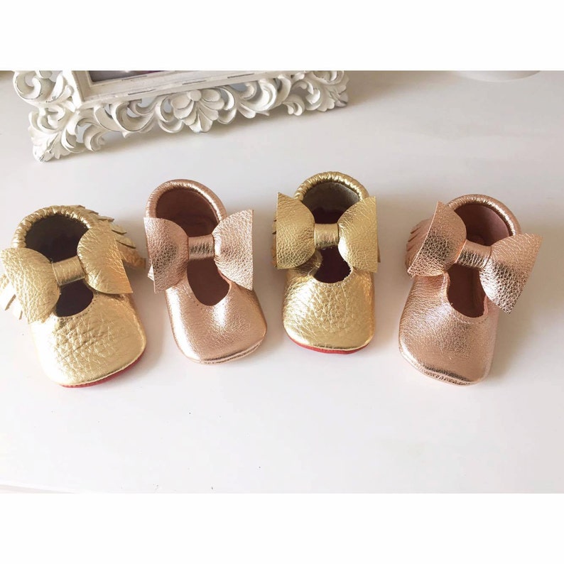 GOLD ROSE Mary Janes newborn moccs moccasins mary jane bow moccs