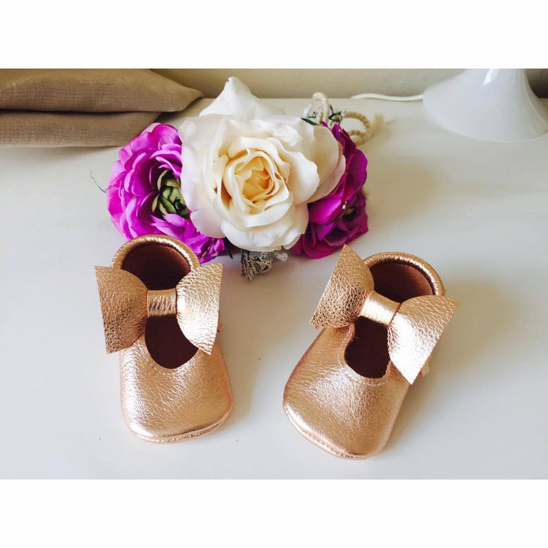 GOLD ROSE Mary Janes newborn moccs moccasins mary jane bow moccs