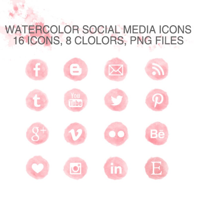 Watercolor Social Media Icons Set of 16 x 8 colors pink peach | Etsy