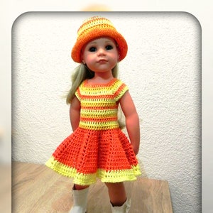 May include: A doll wearing a crocheted orange and yellow dress with a matching crocheted hat. The doll is wearing white boots and is standing on a wooden surface. The image includes the text "eBook".