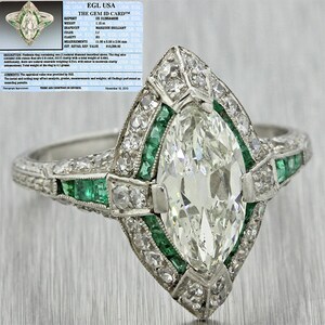 1920s Antique Art Deco Platinum 1.15ct Marquise Diamond & Emerald Engagement Ring