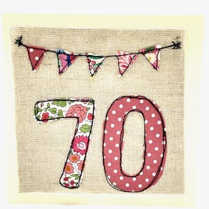 Cartão de aniversário de 70 anos feito à mão no Reino Unido, cartão de aniversário, cartão de felicitações bordado à máquina original, cartão feito à mão, cartão feito à mão exclusivo
