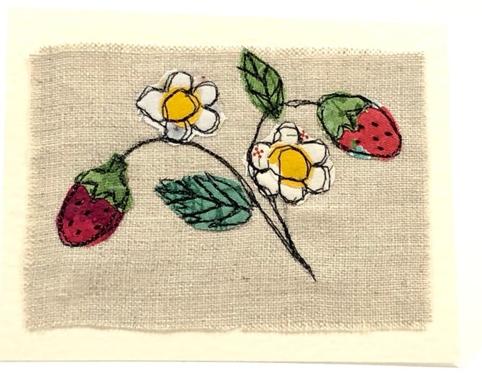 Spring Strawberry Card, Original Machine Embroidered Greeting Card