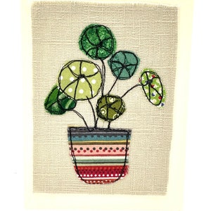 Pilea Peperomioides-kaart, originele machinaal geborduurde wenskaart, handgemaakte uit de vrije hand geborduurde kaart, unieke textielkunstkaart