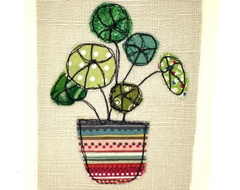 Handmade Pilea Plant Card: Machine Embroidered Textile Art Greeting Card