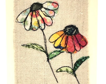 Echinacea Card, Birthday Card UK, Thank you Card, Small Card, Original Machine Embroidered Card, Free Motion Embroidered Card, Textile  card