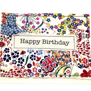 Carte d'anniversaire, carte faite main en tissu Liberty Tana Lawn, petite carte, carte d'art textile, carte d'anniversaire au Royaume-Uni, carte unique faite main, carte vierge image 4