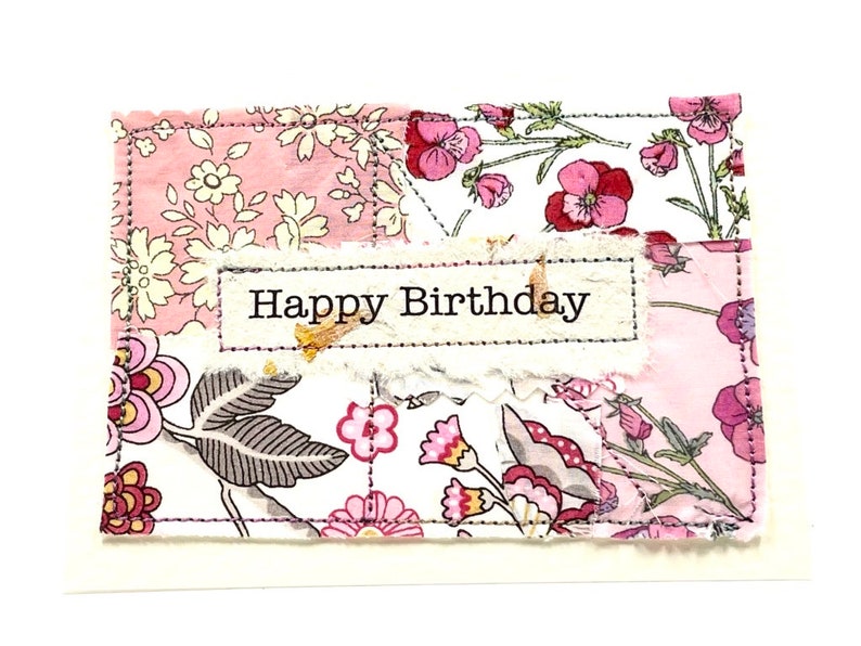 Carte d'anniversaire, carte faite main en tissu Liberty Tana Lawn, petite carte, carte d'art textile, carte d'anniversaire au Royaume-Uni, carte unique faite main, carte vierge image 3