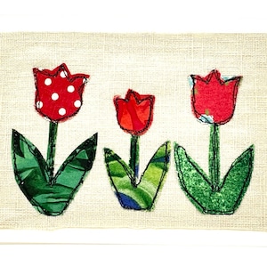 Lentetulpkaart, originele machinaal geborduurde wenskaart, Moederdagkaart, handgemaakte geborduurde kaart uit de vrije hand, textielkunstkaart