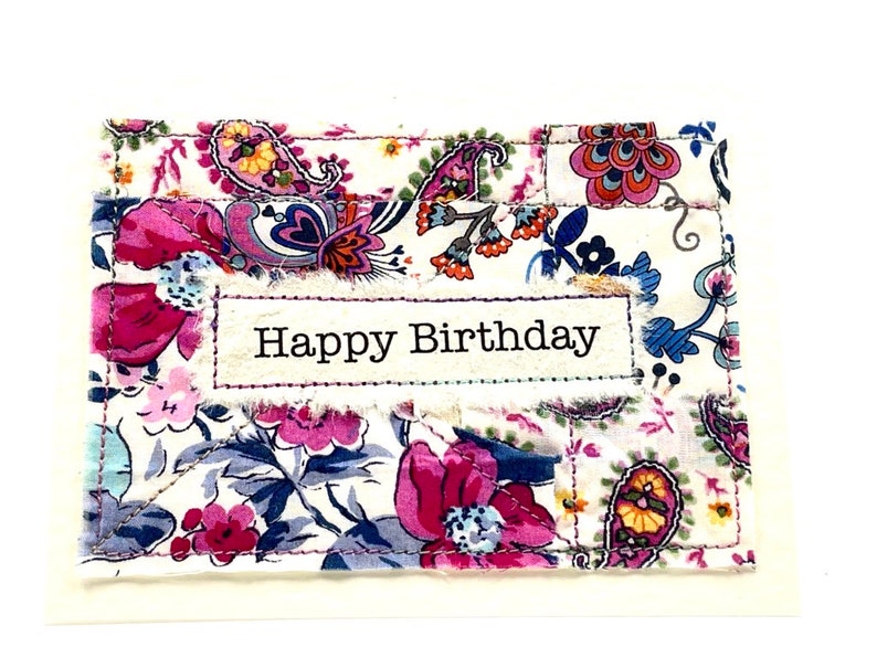 Carte d'anniversaire, carte faite main en tissu Liberty Tana Lawn, petite carte, carte d'art textile, carte d'anniversaire au Royaume-Uni, carte unique faite main, carte vierge image 6