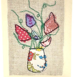 Sweet pea Karte, Geburtstagskarte UK, Dankeskarte, Originale maschinell gestickte Karte, Handgemachte Freihand gestickte Karte, Textilkunst Karte