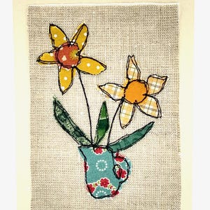 Lente narciskaart, originele machinaal geborduurde wenskaart, middelgrote kaart, Moederdagkaart, handgemaakt uit de vrije hand