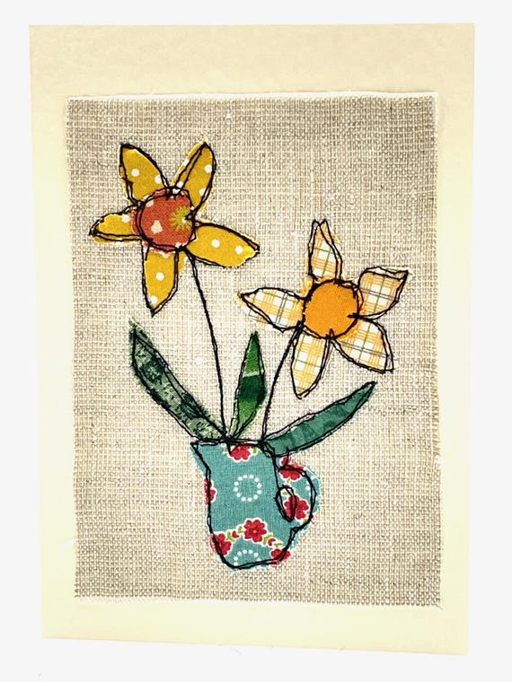 Spring Daffodil Card, Original Machine Embroidered Greeting Card, Medium Size Card, Mother's Day Card, Handmade Free Motion