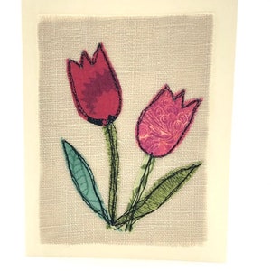 Lentetulpkaart, originele machinaal geborduurde wenskaart, Moederdagkaart, handgemaakte geborduurde kaart uit de vrije hand, textielkunstkaart