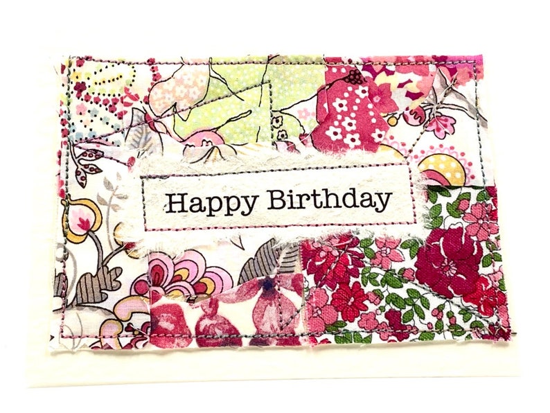 Carte d'anniversaire, carte faite main en tissu Liberty Tana Lawn, petite carte, carte d'art textile, carte d'anniversaire au Royaume-Uni, carte unique faite main, carte vierge image 2