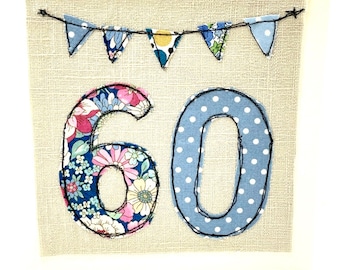 Handmade 60th Birthday Card: Embroidered Linen Bunting