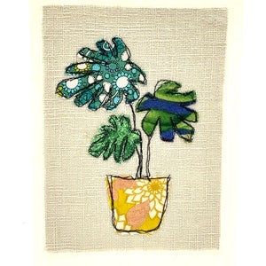 Monstera-plantkaart, originele machinaal geborduurde wenskaart, Moederdagkaart, handgemaakte geborduurde kaart uit de vrije hand, textielkunstkaart